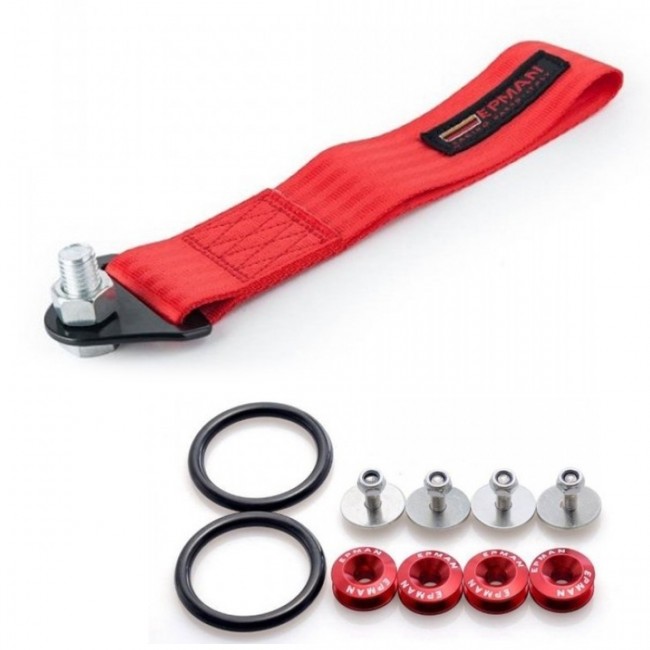 Kit Engate Reboque de Tecido com Conjunto de Arruela Billet para Fixação de Para-choque - EPMAN - Vermelho
