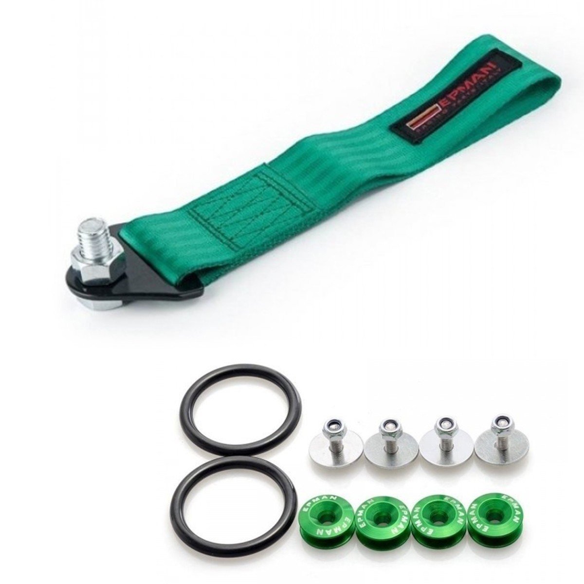 Kit Engate Reboque de Tecido com Conjunto de Arruela Billet para Fixação de Para-choque - EPMAN - Verde